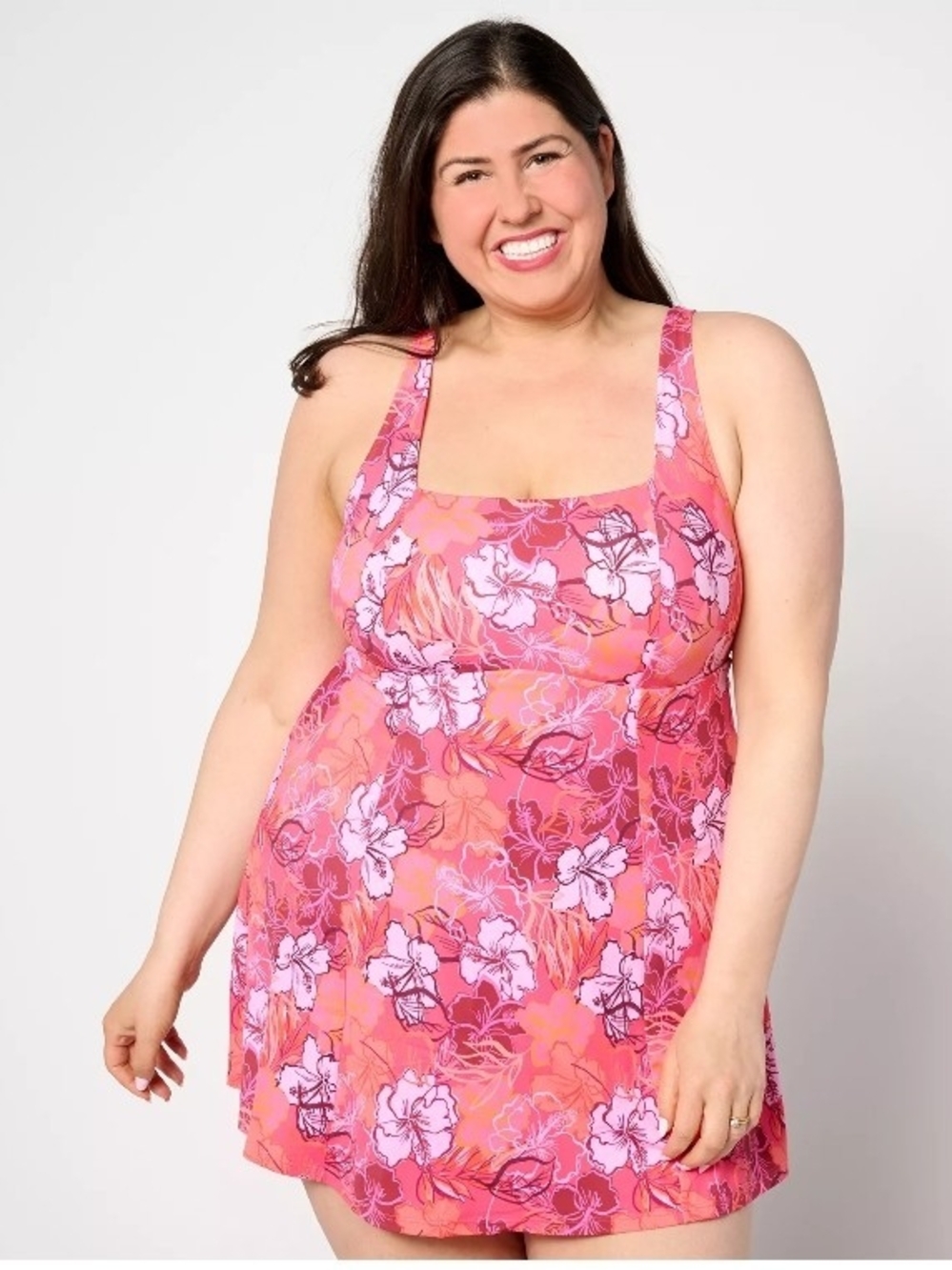 Kim Gravel Swimsuits For ALL Square Neck Pink Floral Swimdress